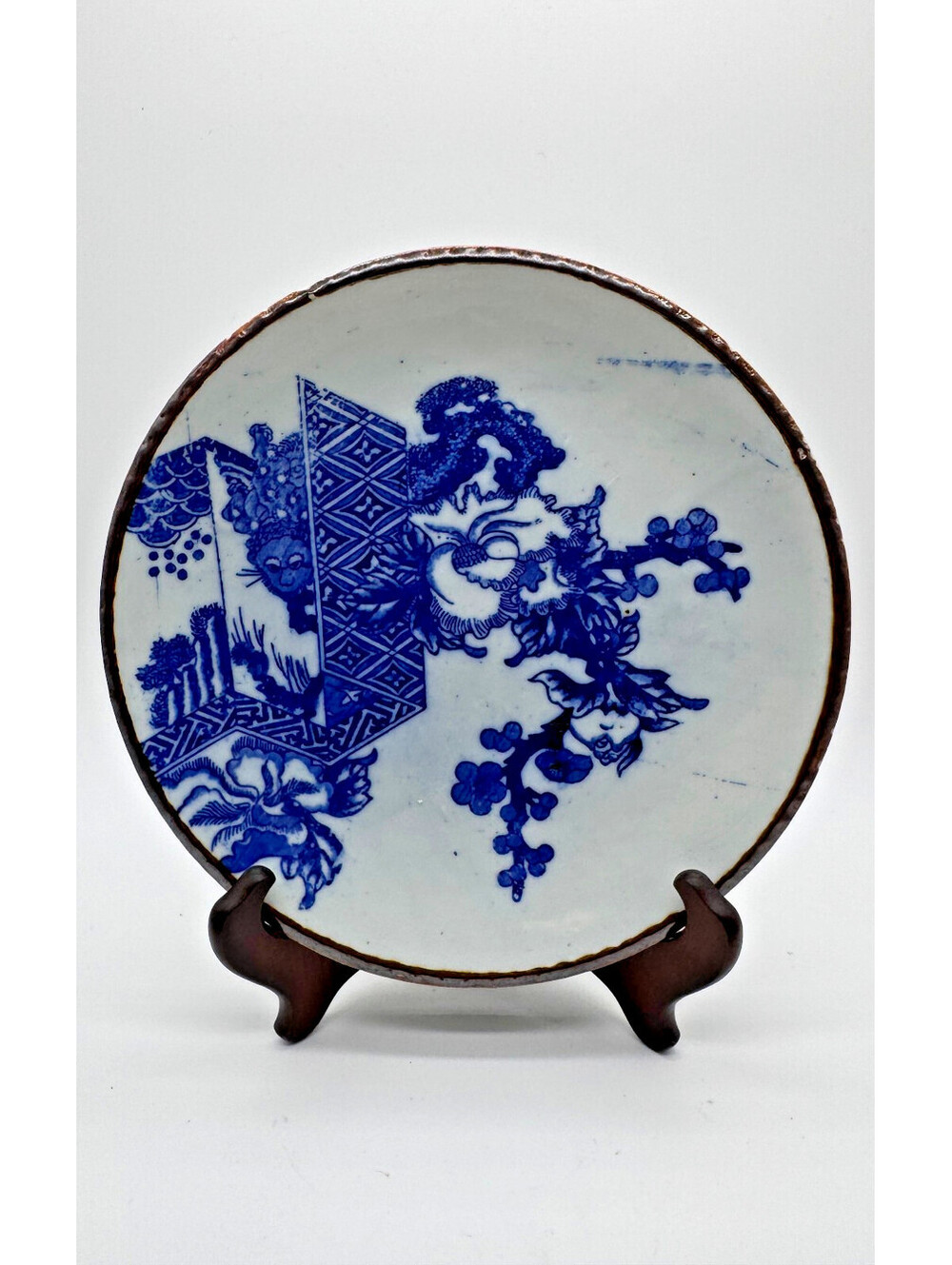 Vintage Japanese Blue White Porcelain Plate Lion Peony 9.75"